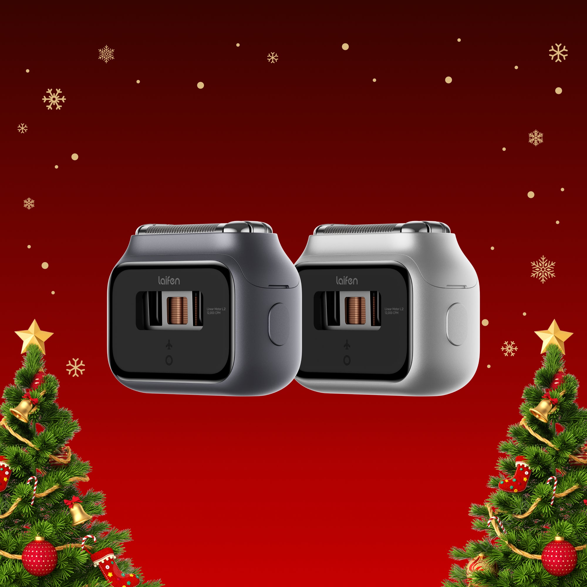 Zwei Elektrorasierer auf rotem, weihnachtlichem Hintergrund