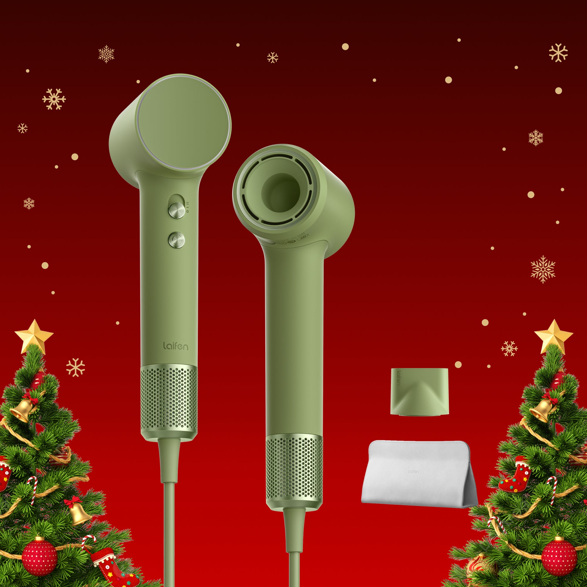 Grüner Hochgeschwindigkeits-Haartrockner Laifen Mini vor einem roten, weihnachtlich geschmückten Hintergrund mit Festtagsdekoration
