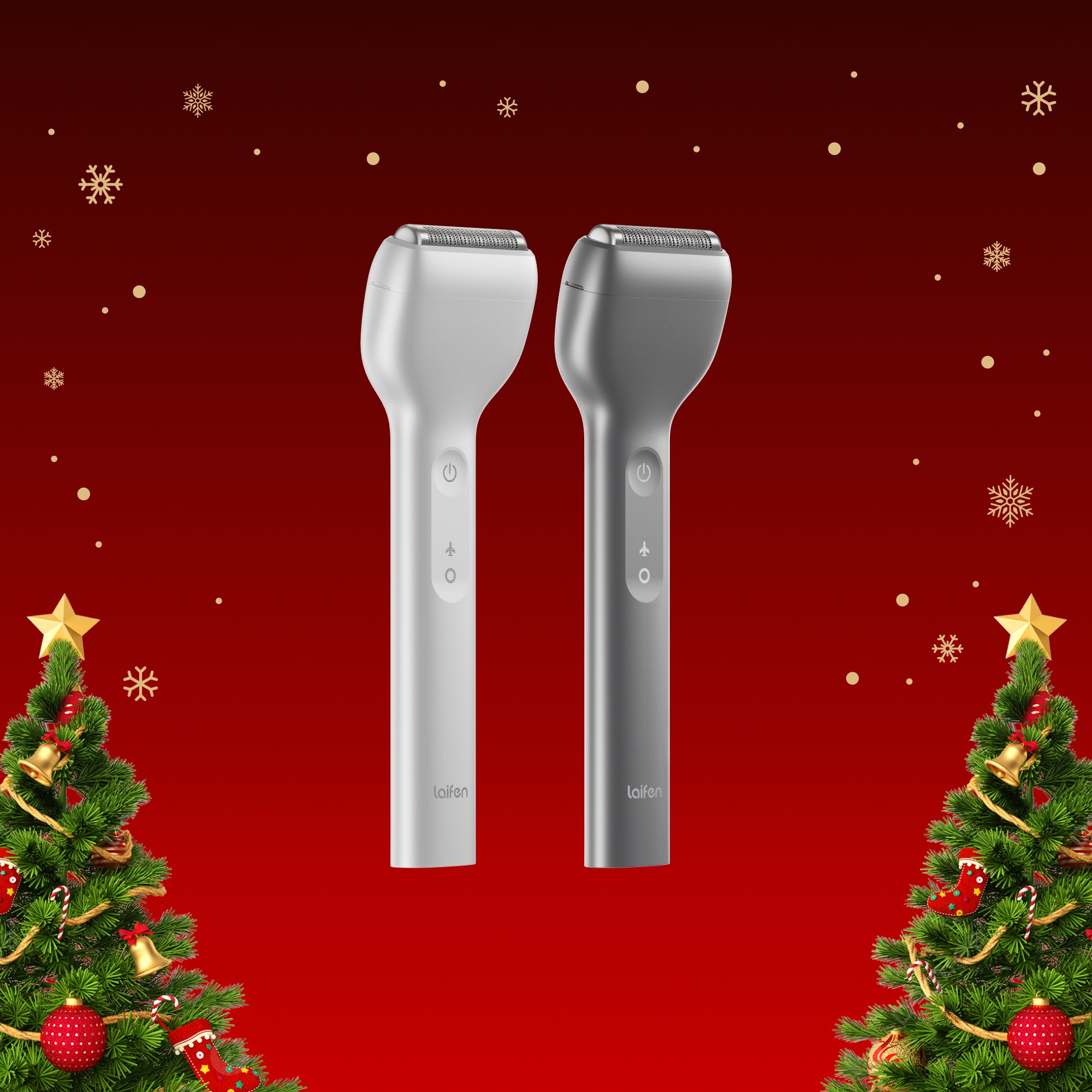 Zwei Elektrorasierer vor rotem, festlichem Hintergrund