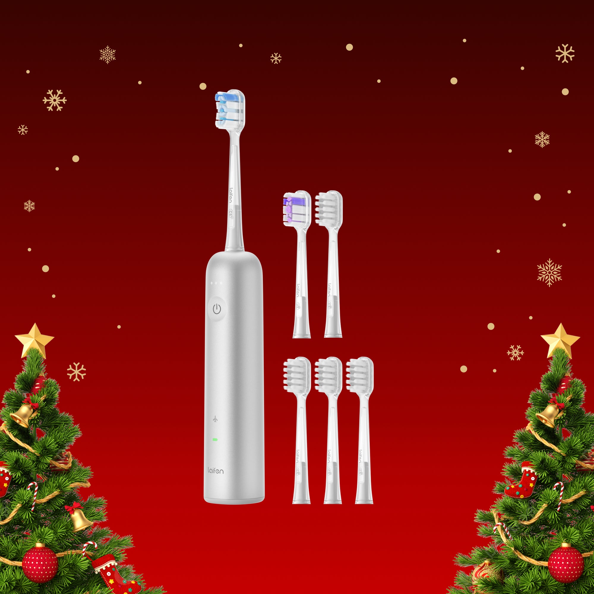 Laifen Wave Elektrische Zahnbürste aus Edelstahl mit mehreren Ersatzbürstenköpfen vor festlichem rotem Hintergrund