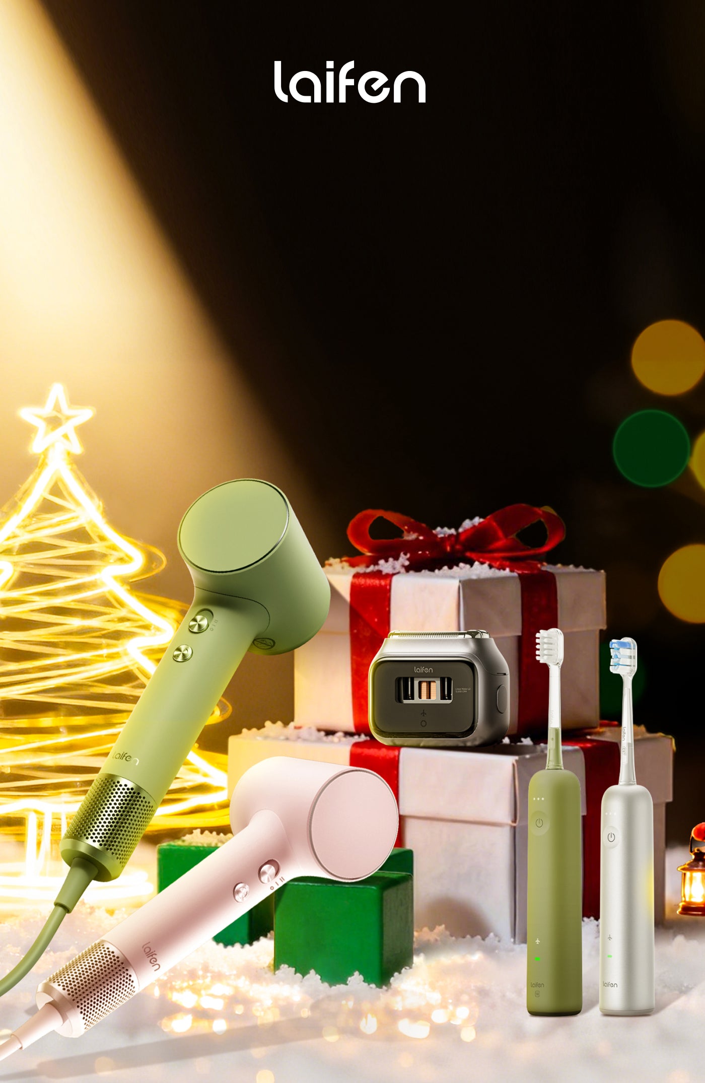 Laifen Weihnachts-Geschenkpräsentation mit Haartrocknern und Zahnbürsten, umgeben von Lichtern, Geschenken und festlicher Deko.